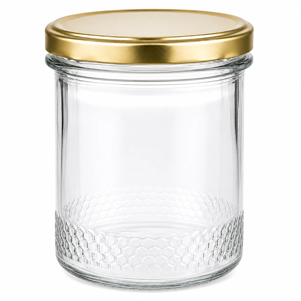 400ml Honigglas leer mit goldenem BasicSeal UNiTWIST Deckel und Wabenmuster am Boden