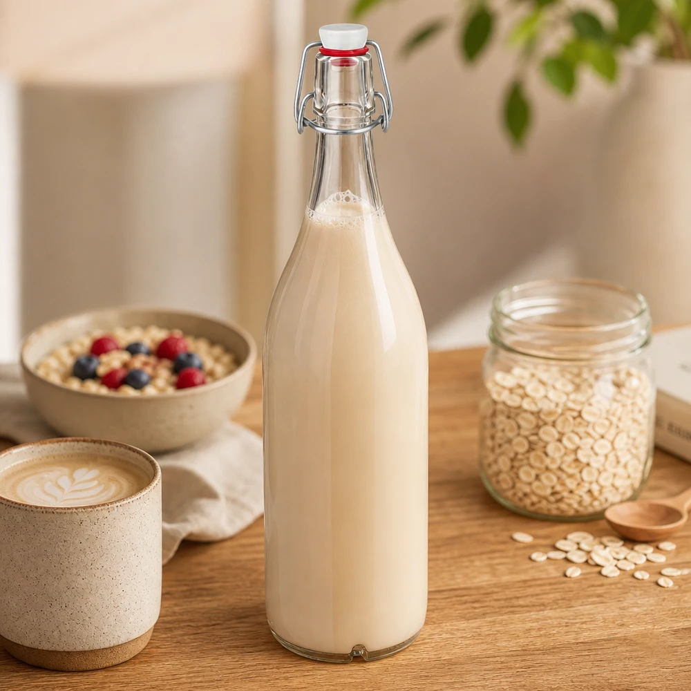 Skleněná láhev o objemu 1000 ml + otočný porcelánový vršek UNiTWIST 1000ml Glasflasche mit Bügelverschluss gefüllt mit Hafermilch neben Haferflocken und Frühstücksschale auf Holztisch