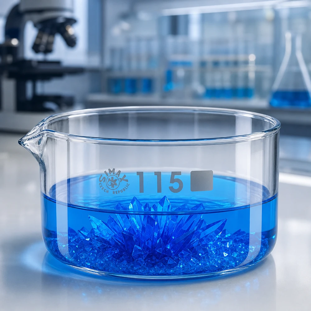 500ml krystalizační miska s výlevkou borosilikátová ø115mm Borosilikatglas Kristallisierschale 500ml mit blauer Kupfersulfatlösung und Kristallbildung
