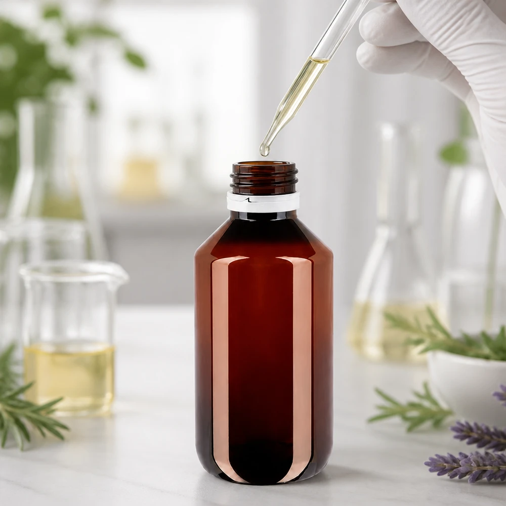 PET láhev 200ml s bílým rýhovaným uzávěrem s ochranou proti manipulaci. Jantarově zbarvená 200ml plastová láhev s bílým uzávěrem chránícím proti neoprávněné manipulaci v laboratoři