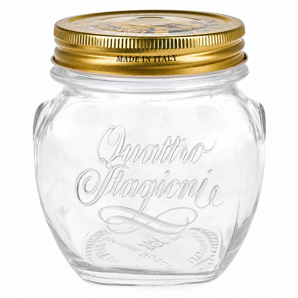 300ml kulatá sklenice "Quattro Stagioni" s víčkem 300ml Rundglas Quattro Stagioni mit goldenem Deckel Made in Italy Einmachglas transparent leer