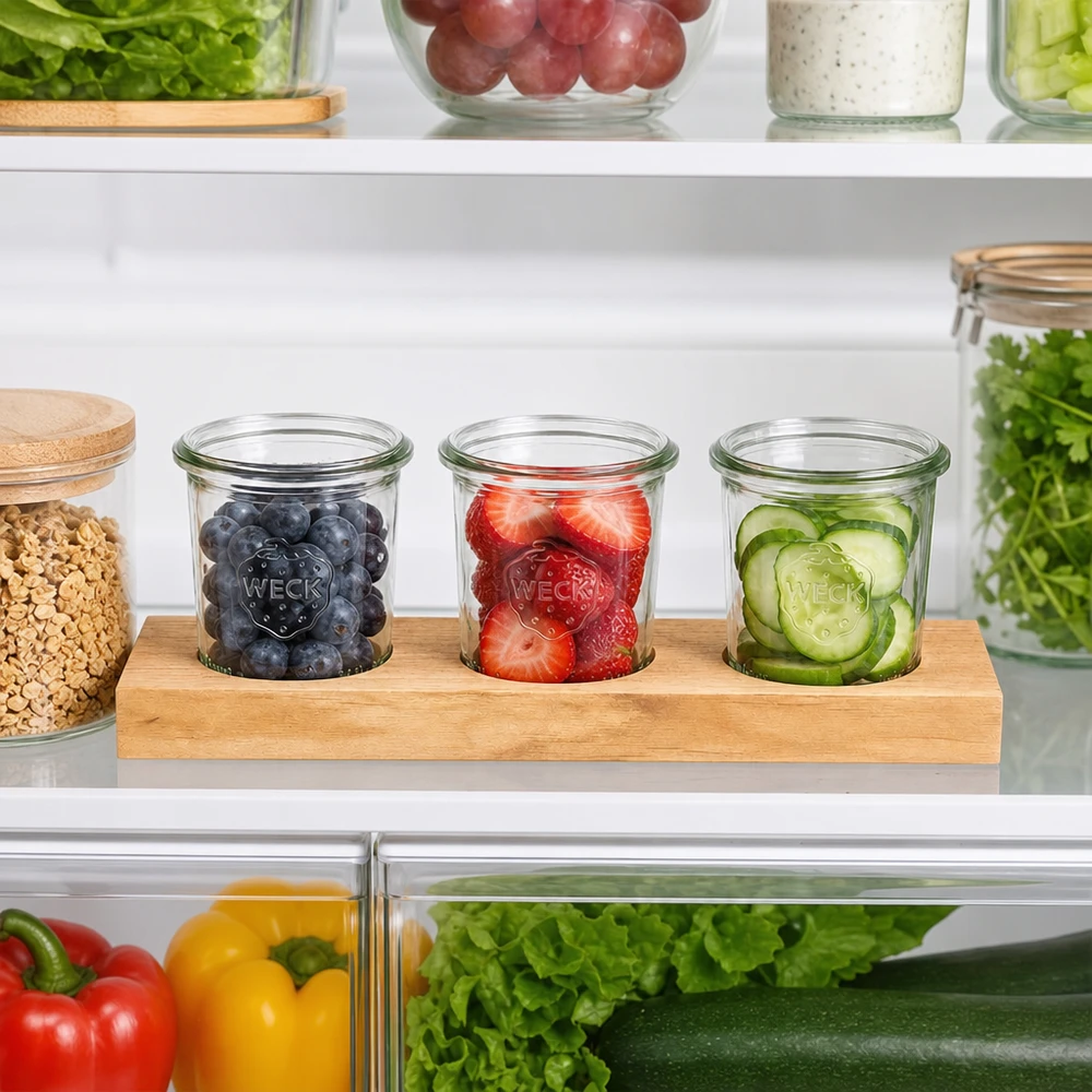 Servierbrett Plano3 mit WECK Gläsern 140ml im Kühlschrank gefüllt mit Heidelbeeren Erdbeeren und Gurken