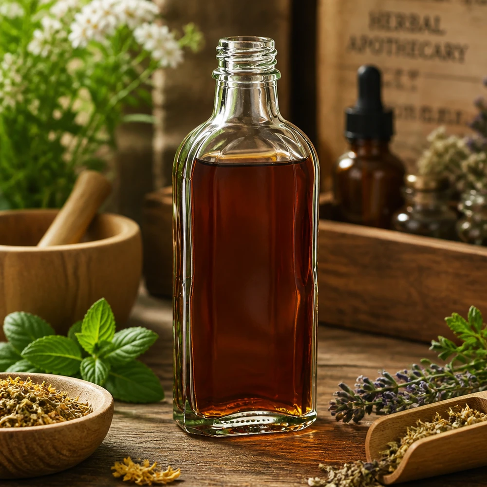 Schmale 100 ml Glasflasche klar mit DIN22 Öffnung neben Lavendel Minze und Trockenblüten