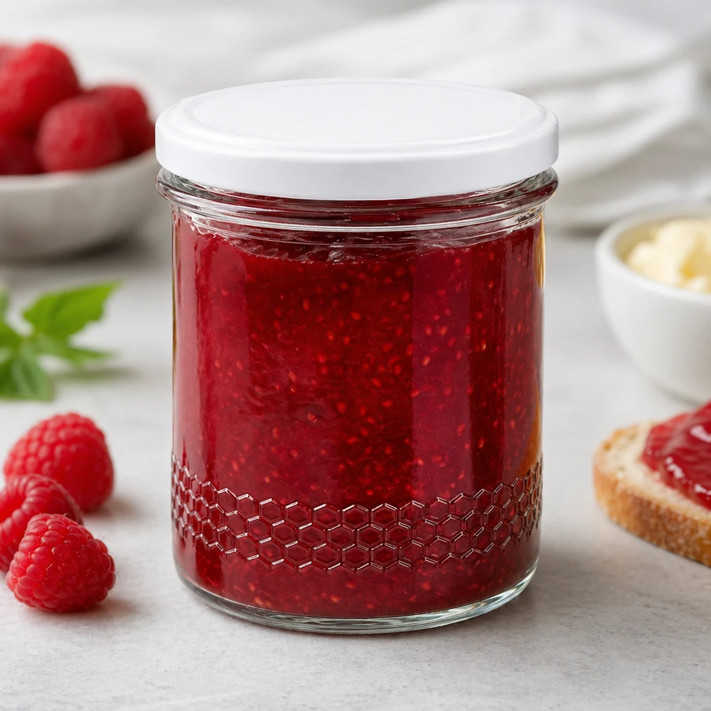 560g Honigglas + BasicSeal Deckel weiß UNiTWIST 400ml Honigglas als Marmeladenglas für Himbeermarmelade gefüllt rote Konfitüre Frühstücksszene BasicSeal Deckel weiß