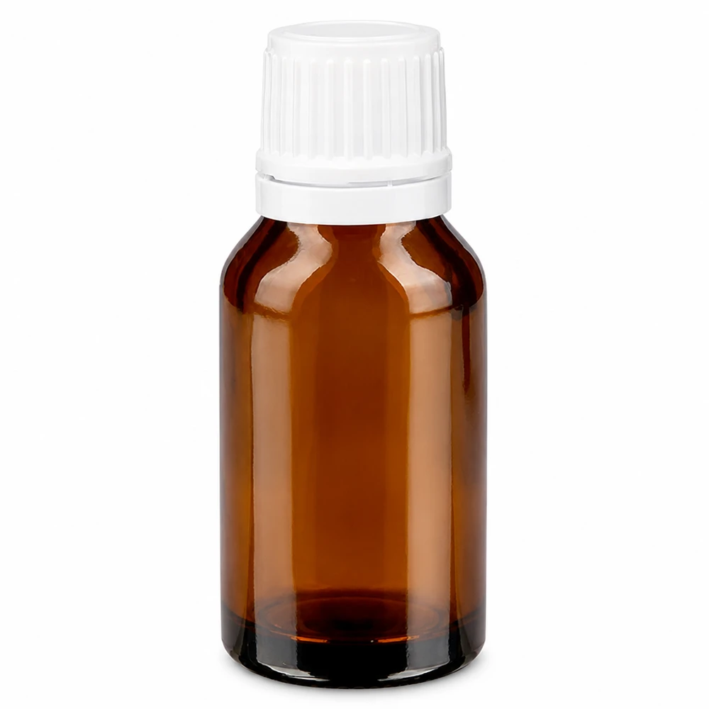 Lékárenská láhev hnědá 15ml se šroubovacím uzávěrem bílá s ochranným uzávěrem proti neoprávněné manipulaci UV-schützendes Braunglas Fläschchen 15ml mit weißem Verschluss für Medizin