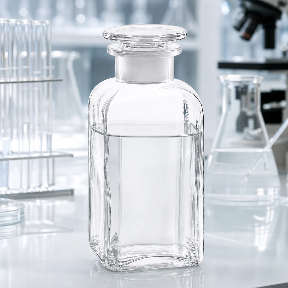 Čtvercová láhev 350ml čirá skleněná zátka se širokým hrdlem Reagenzflasche 350ml Vierkant Weithals Klarglas mit rundem Glasstopfen für Labor
