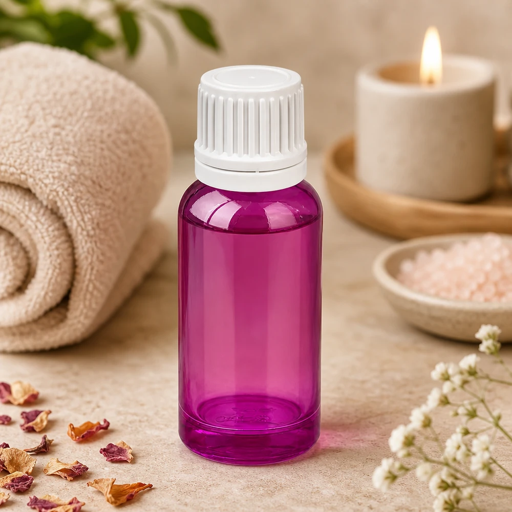 20ml Kunststoff Tropfflasche violett transparent mit kindersicherem weissem Verschluss