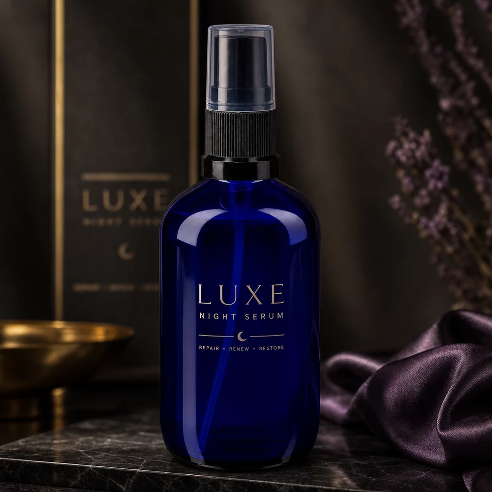 Lékárenská lahvička modrá 100ml rozprašovací víčko černá 100ml blaue Apothekerglas Flasche mit Schwarzpumpe neben Goldschale und lila Satinstoff