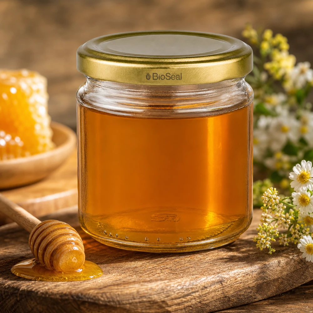 Kulatá sklenice o objemu 212 ml se zlatým víčkem UNiTWIST BioSeal. UNiTWIST Rundglas 212ml mit goldenem TO66 BioSeal Deckel gefüllt mit Honig neben Wabenhonig und Blumen