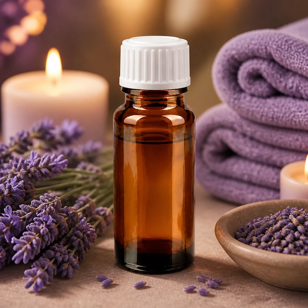 Lékárenská lahvička hnědá 10ml kapátko bílé 0,8mm standardní UV-Schutz Braunglas 10ml Flasche mit präzisem Weißtropfer neben Lavendel und Handtüchern