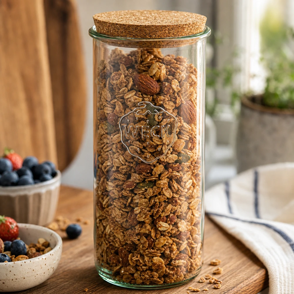 WECK Sturzglas 1500ml mit Müsli Nüssen gefüllt Korken Deckel Küchenszene Holztisch Frühstück Aufbewahrung