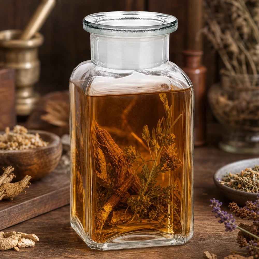 Čtvercová láhev 100ml čirá skleněná zátka se širokým hrdlem Befüllbare Vierkantflasche 100ml klar für Tinkturen Öle und Naturheilkunde auf Holzunterlage