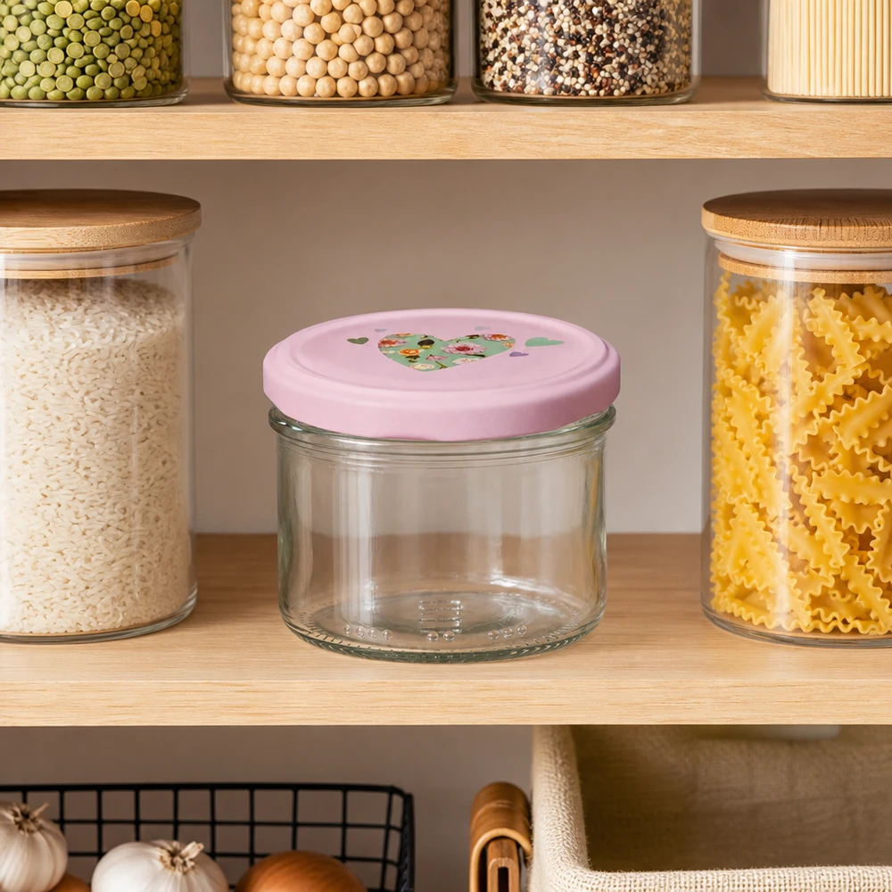 230ml Zylinderglas mit rosa Herz-Deckel in organisierter Speisekammer zwischen Pasta und Reis, ideal zur Küchenorganisat