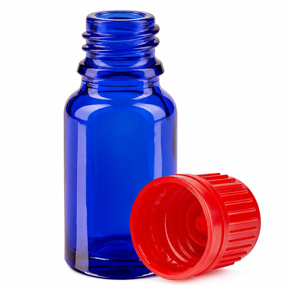 10ml blaue Glasflasche mit kontraststarkem roten Verschluss 11mm SV für bessere Sichtbarkeit
