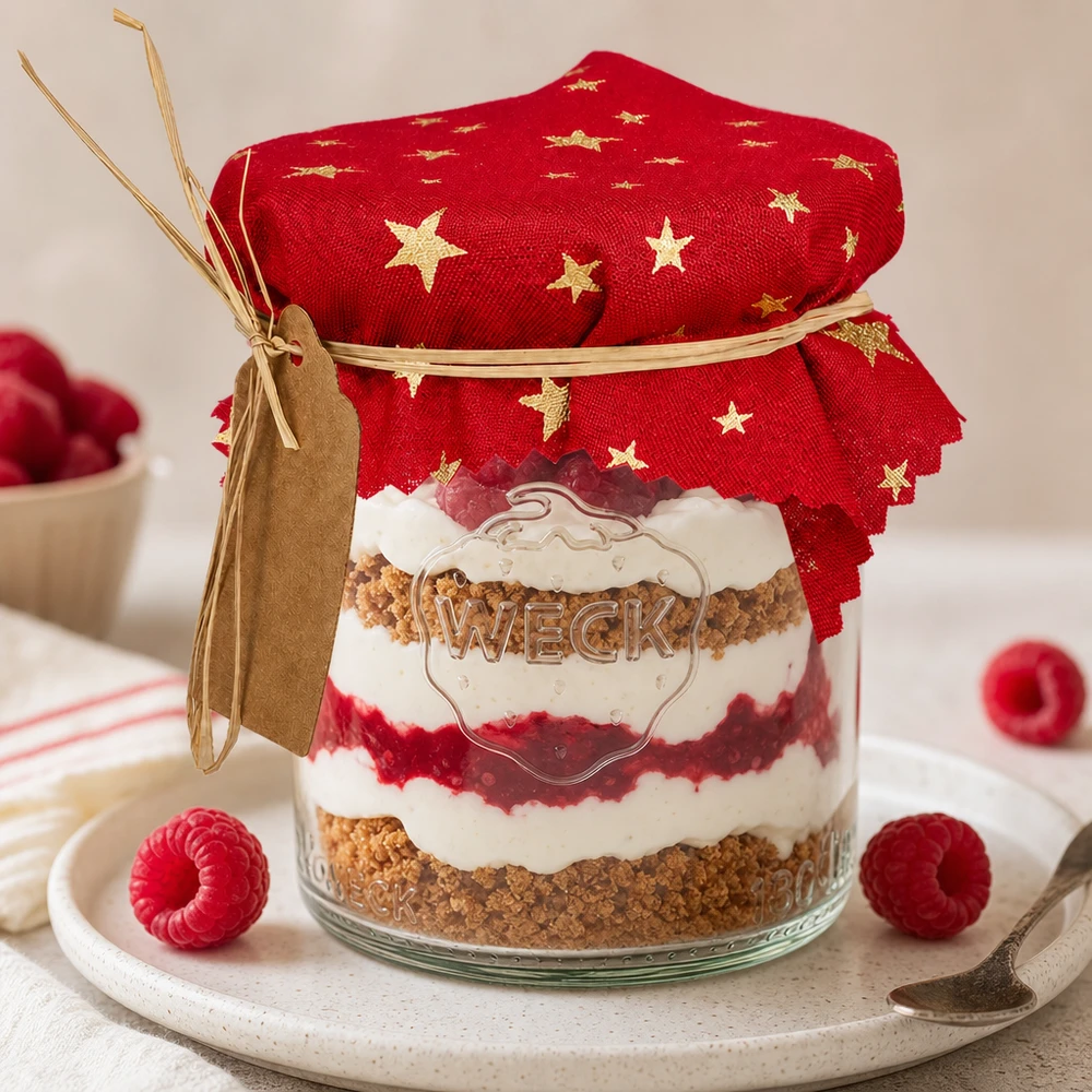 Rotes Schmuckdeckchen mit goldenen Sternen auf Dessertglas Himbeer-Schichtdessert 12cm eckig Tischdeko