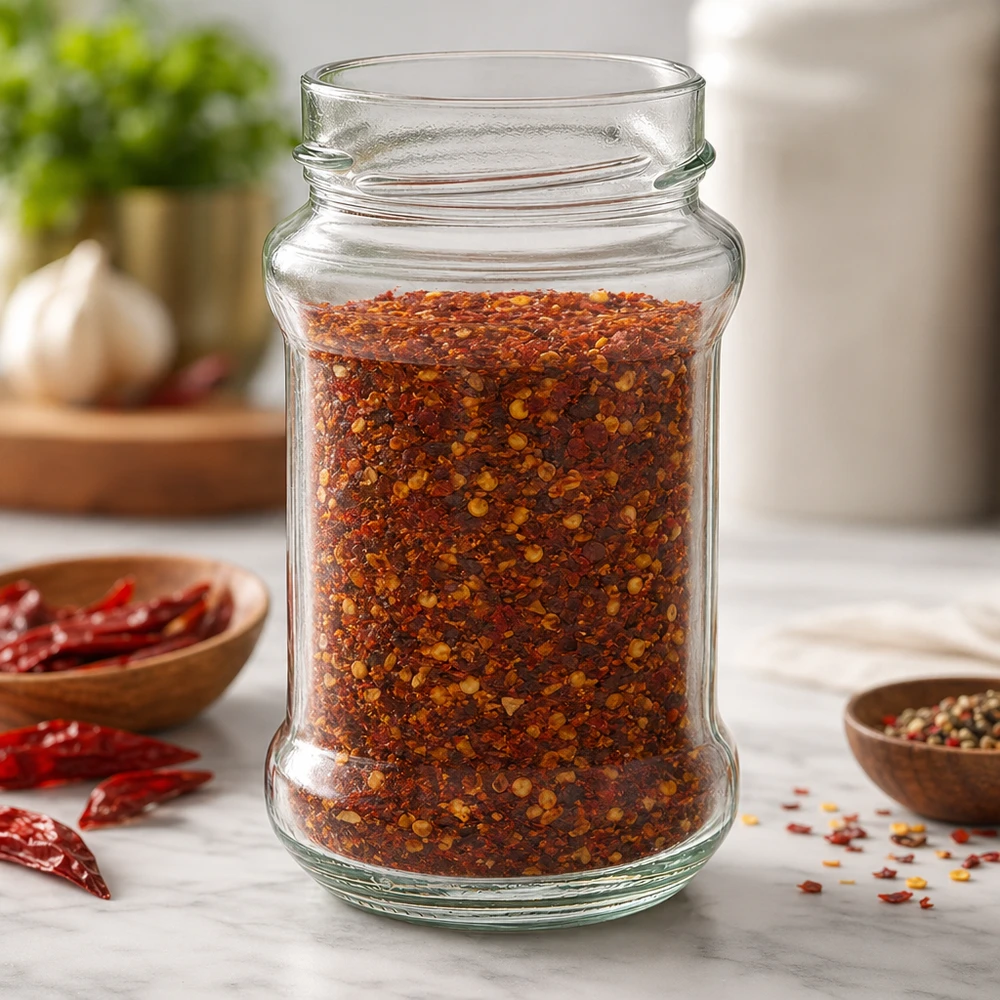 Kulatá sklenice bez víčka o objemu 390 ml (TO66deep) UNiTWIST Rundglas 390ml mit Chili-Gewürzmischung gefüllt UNiTWIST Runda390 TO66deep Glasdose für Küche und Vorratshaltung