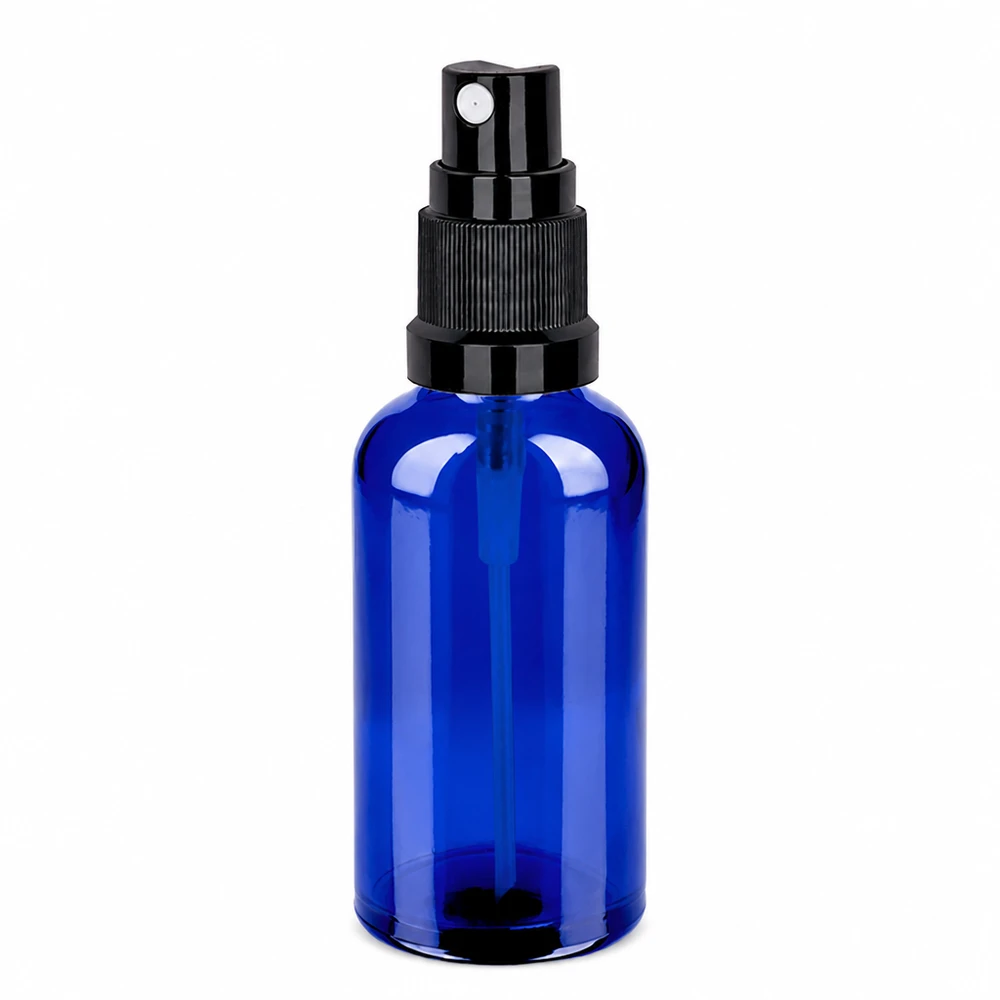 50ml lahvička s rozprašovačem černá standardní uzávěr BlueLine UT18/50 Kleine blaue Sprayflasche 50ml ideal für Reisen und unterwegs mit auslaufsicherem Verschluss