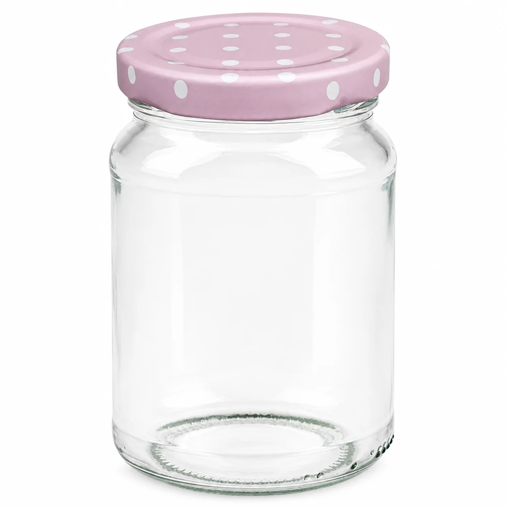 205ml kulatá sklenice + víčko BasicSeal s tečkami růžové UNiTWIST Rundes 205ml Einmachglas mit rosa BasicSeal Deckel in Punkte-Design für Marmelade und Konservierung