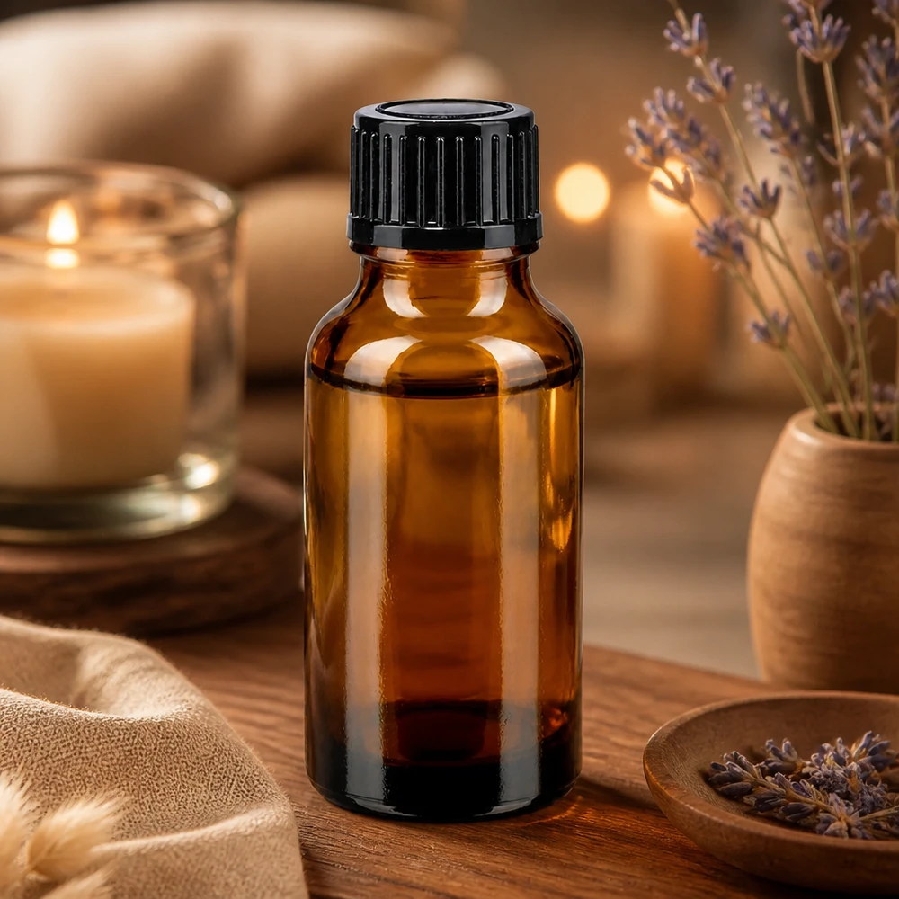 Lékárenská láhev hnědá 20ml šroubovací uzávěr černá standardní Braune 20ml Tropfflasche mit geripptem schwarzen Verschluss neben getrockneten Lavendelblüten