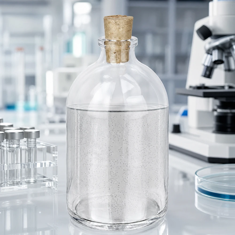 Lahvička z čirého skla 100ml se zátkou 11/14mm Verschlossene Klarglasflasche 100ml mit Korken 11/14mm und milchig weißem Laborinhalt