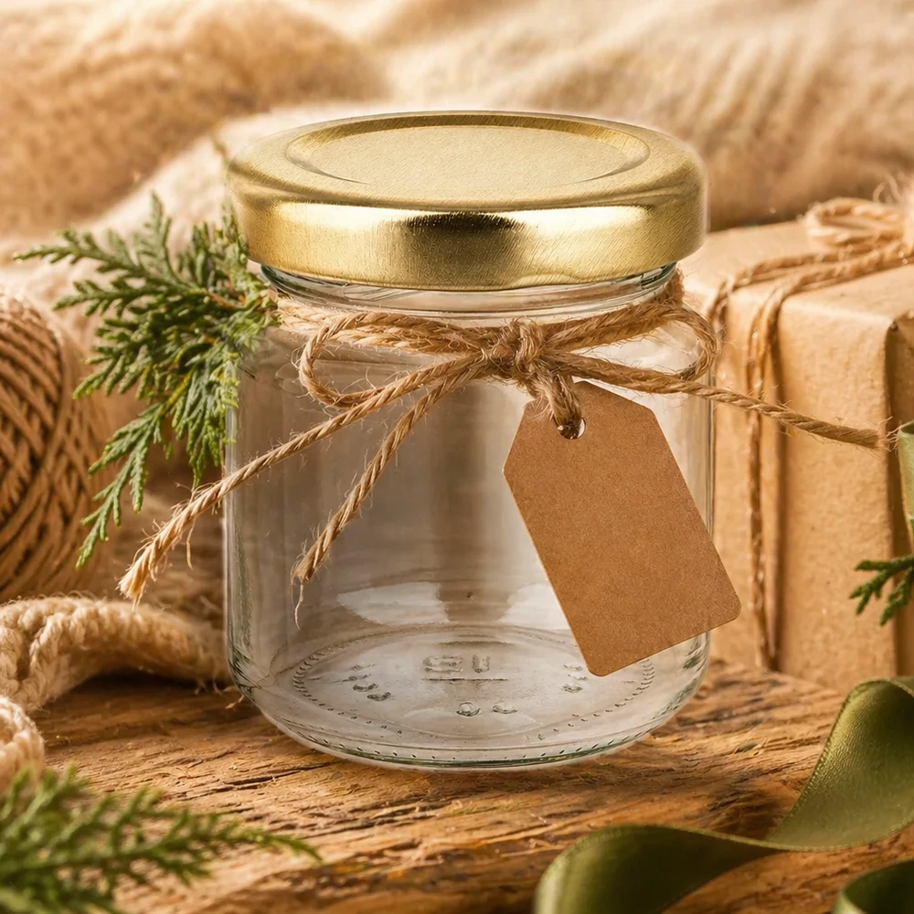 53ml kulatá sklenice s víčkem BasicSeal zlatá UNiTWIST 53ml Rundglas UNiTWIST mit goldenem Deckel als Geschenkidee dekoriert mit Bastband und Anhänger