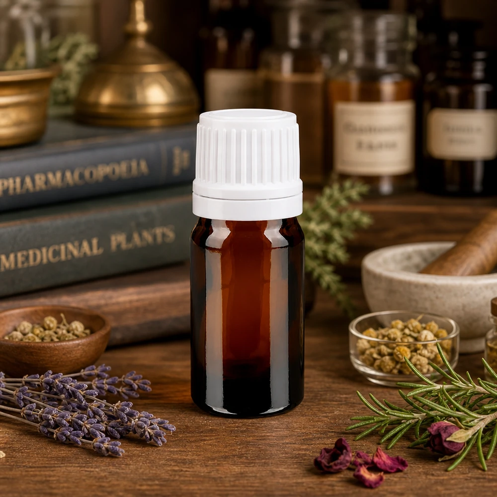 Lékárenská láhev hnědá 5ml se šroubovacím uzávěrem bílá s ochranným uzávěrem proti manipulaci. Kompakte Apothekerfl 5ml Braunglas mit OV Schraubverschluss neben Mörser und Pistill