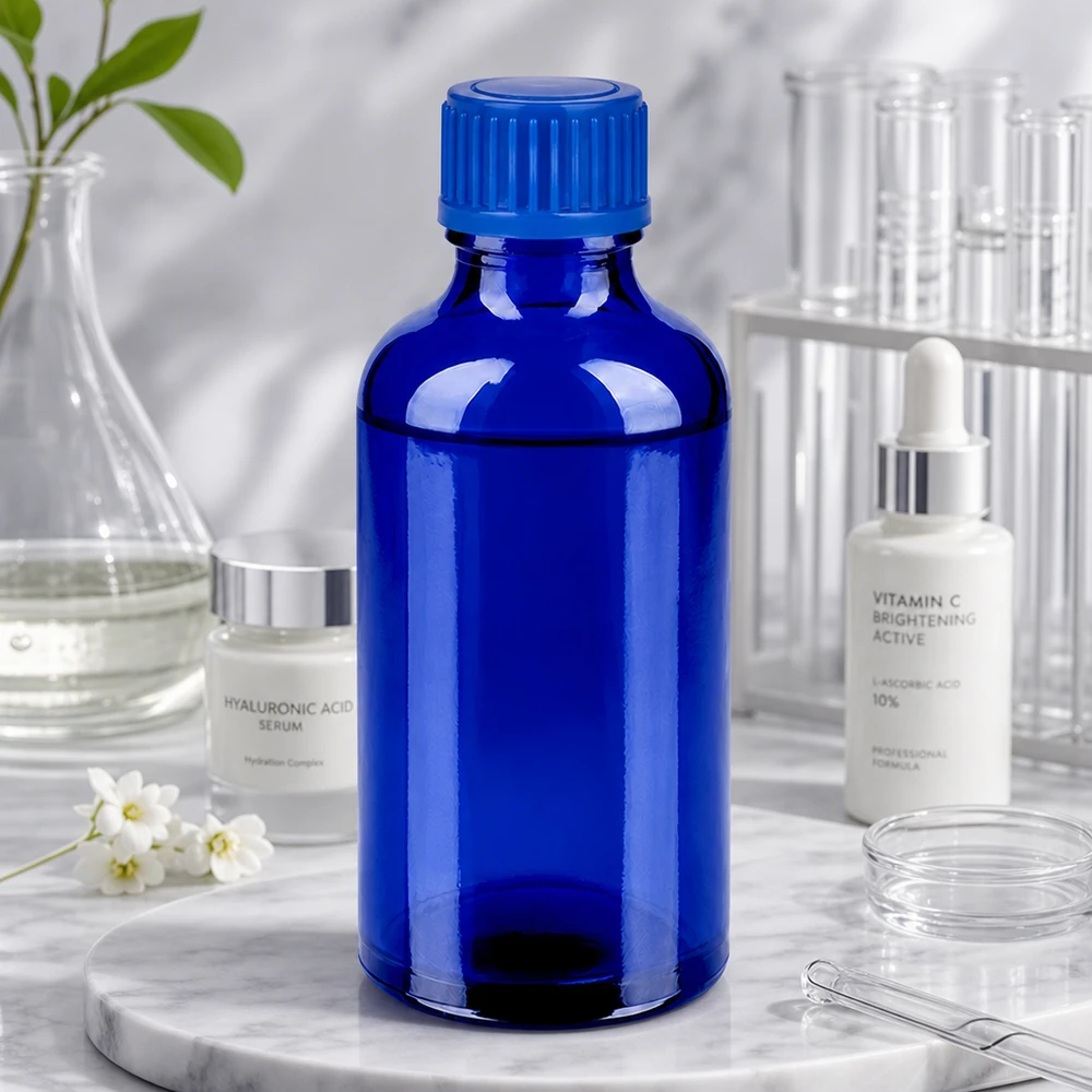 Vielseitige 50ml Glasflasche in Apothekerqualität mit blauem UV-Schutz für Naturkosmetik