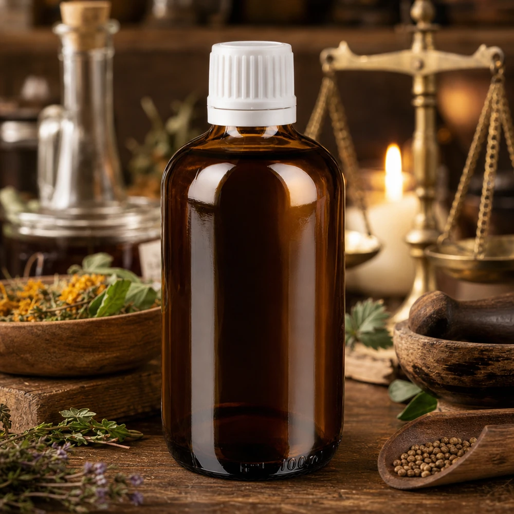Lékárenská láhev hnědá 100ml šroubovací uzávěr bílý nedotknutelný uzávěr. Braune Medizinflasche 100ml mit manipulationssicherem Weißverschluss im Kräuterapotheken-Setting