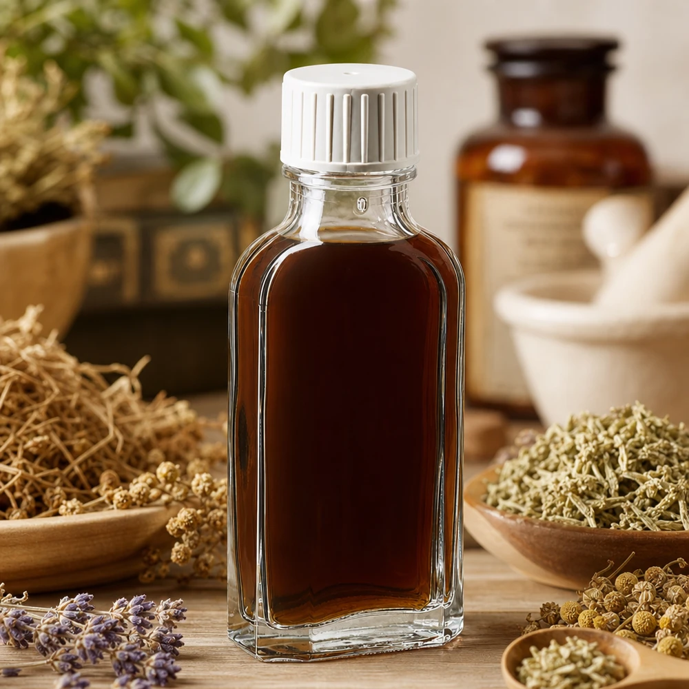 50 ml šroubovací uzávěr Meplat čirý s nalévacím kroužkem. Flache rechteckige Klarglasflasche 50 ml mit Schraubverschluss für Naturheilmittel
