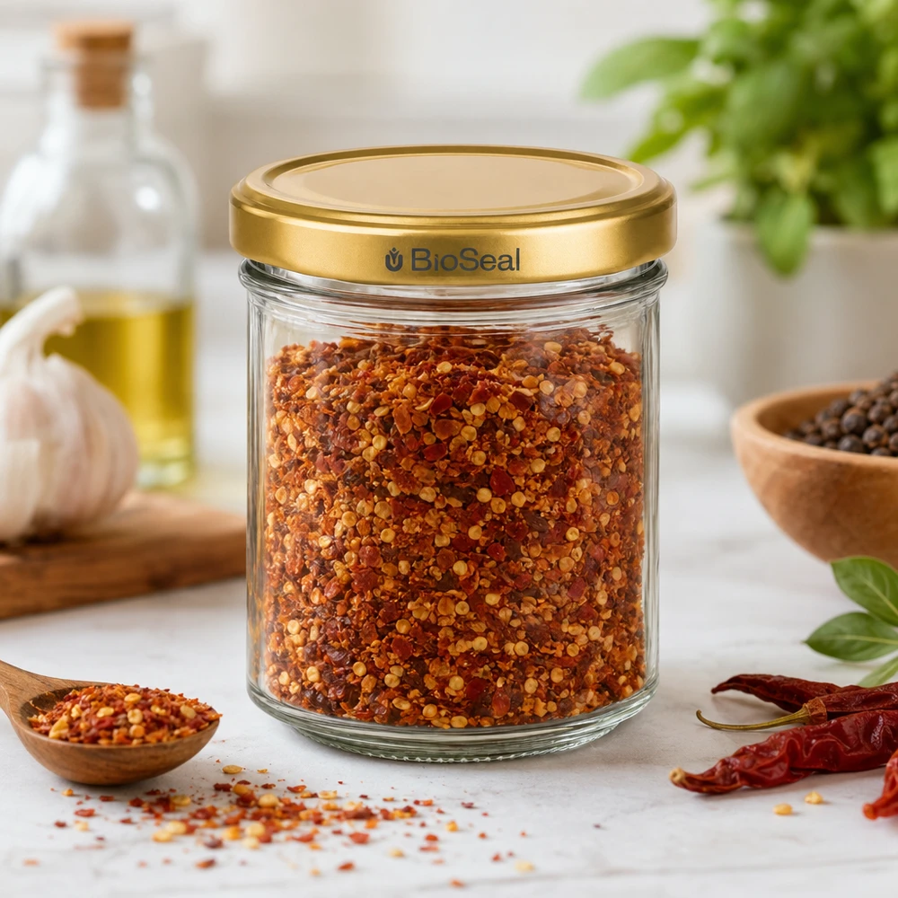 BioSeal 200g Glasbehaelter mit goldenem Deckel gefuellt mit roter Gewuerzmischung umgeben von Kuechenzubehoer und Kraeut