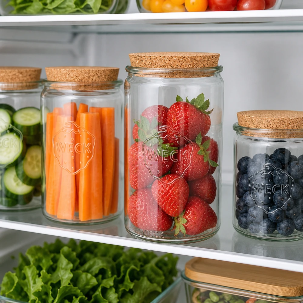 WECK Vorratsgläser 1590ml RR100 mit Korkdeckel im Kühlschrank befüllt mit Erdbeeren Karotten Blaubeeren und Gurken