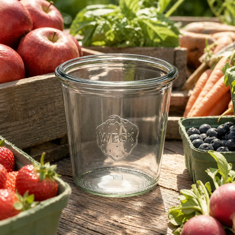 290ml vysoké sklenice WECK RR80 s dřevěným víčkem. WECK Sturzglas 290ml RR80 hoch aus Glas mit Logo umgeben von frischem Obst und Gemüse auf Holztisch