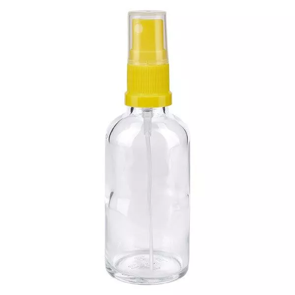 Lékárenská lahvička čirá 50ml s rozprašovacím uzávěrem žlutá Lékárenská lahvička čirá 50ml s rozprašovacím uzávěrem žlutá