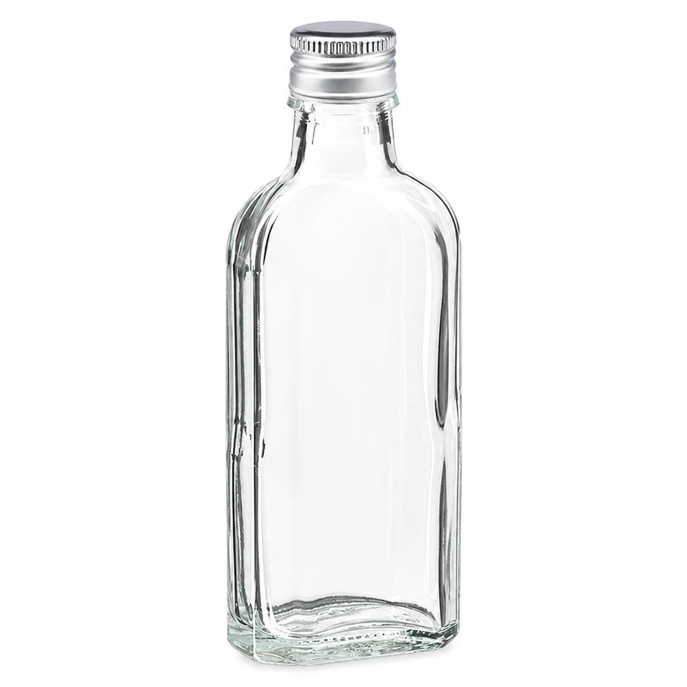 Transparente Meplat Flasche 100ml flache Taschenflaschen Form mit Aluverschluss silber