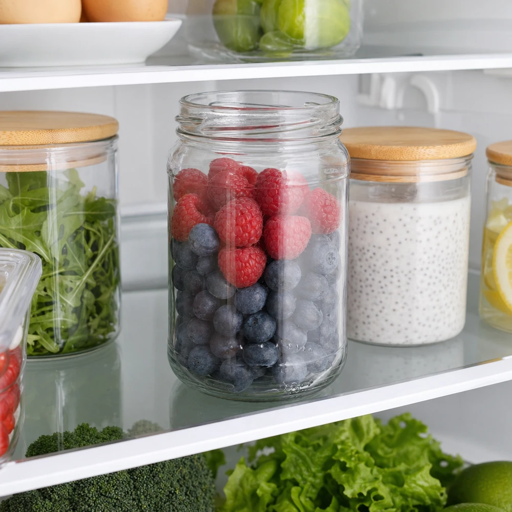 Kulatá sklenice o objemu 305 ml bez víčka (TO63) UNiTWIST UNiTWIST Runda305 Rundglas 305ml mit Beeren im Kühlschrank, Glasdose mit Holzdeckel zur Lebensmittelaufbewahrung