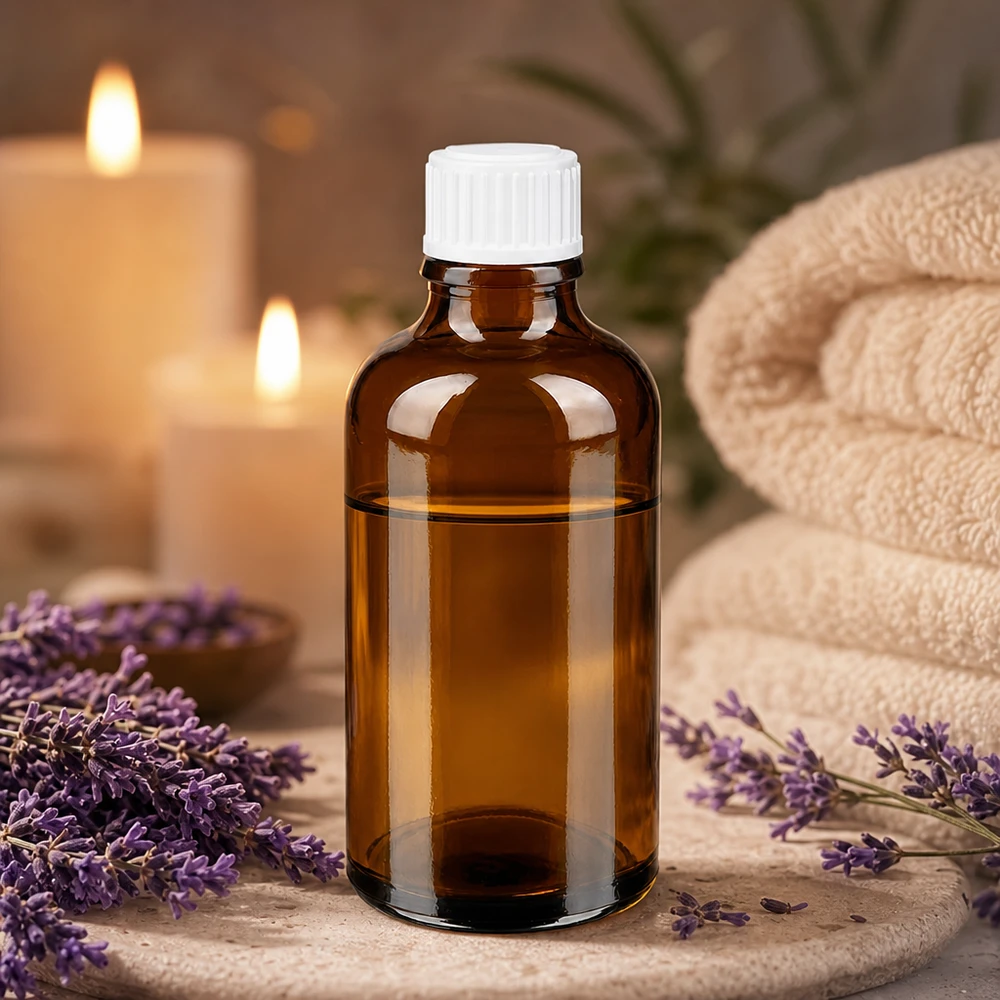 Lékárenská láhev hnědá 50ml šroubovací uzávěr bílý standardní Dunkle Glasflasche 50ml mit weißem Kunststoffverschluss im Spa-Ambiente mit Lavendel