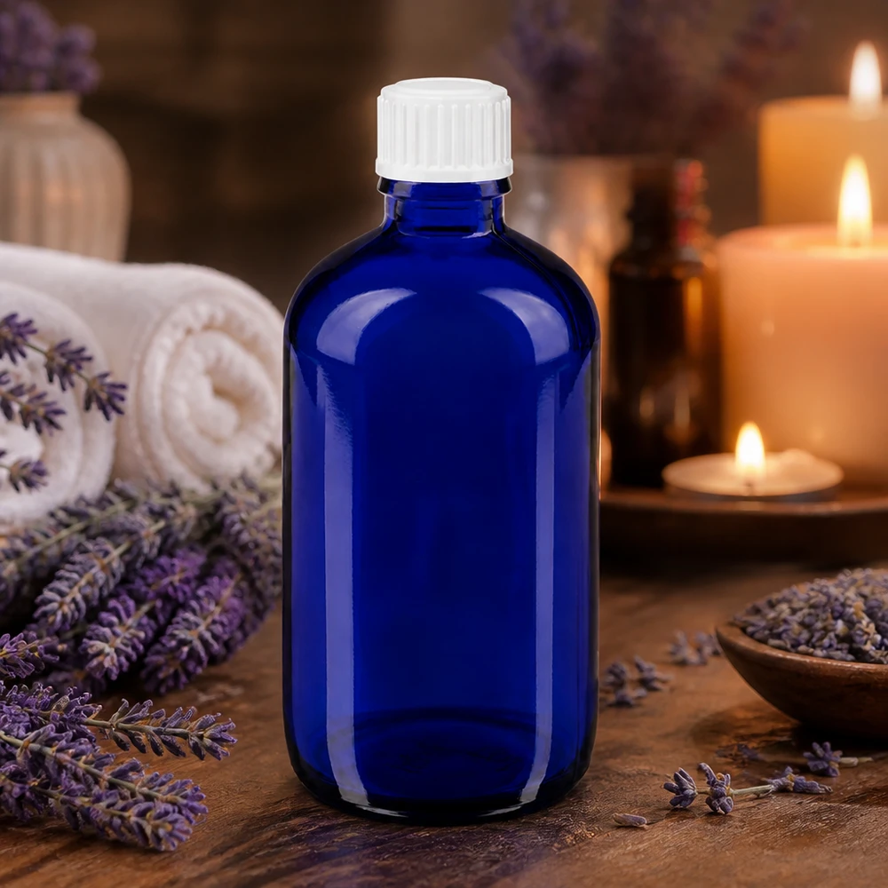 Lékárenská láhev modrá 100ml šroubovací uzávěr bílý standardní Kobaltblaue 100ml Glasflasche mit weißem Schraubdeckel für Naturkosmetik und Öle