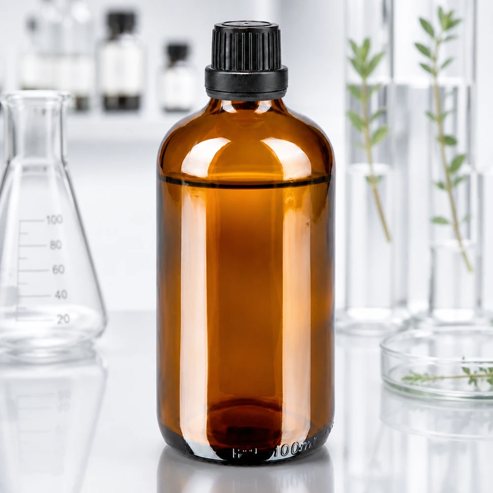 Lékárenská lahvička hnědá 100ml kapací uzávěr prémiový 2mm černý tamper-evidentní uzávěr. Braune 100ml Glasflasche mit kindersicherem OV-Verschluss für pharmazeutische und kosmetische Anwendungen