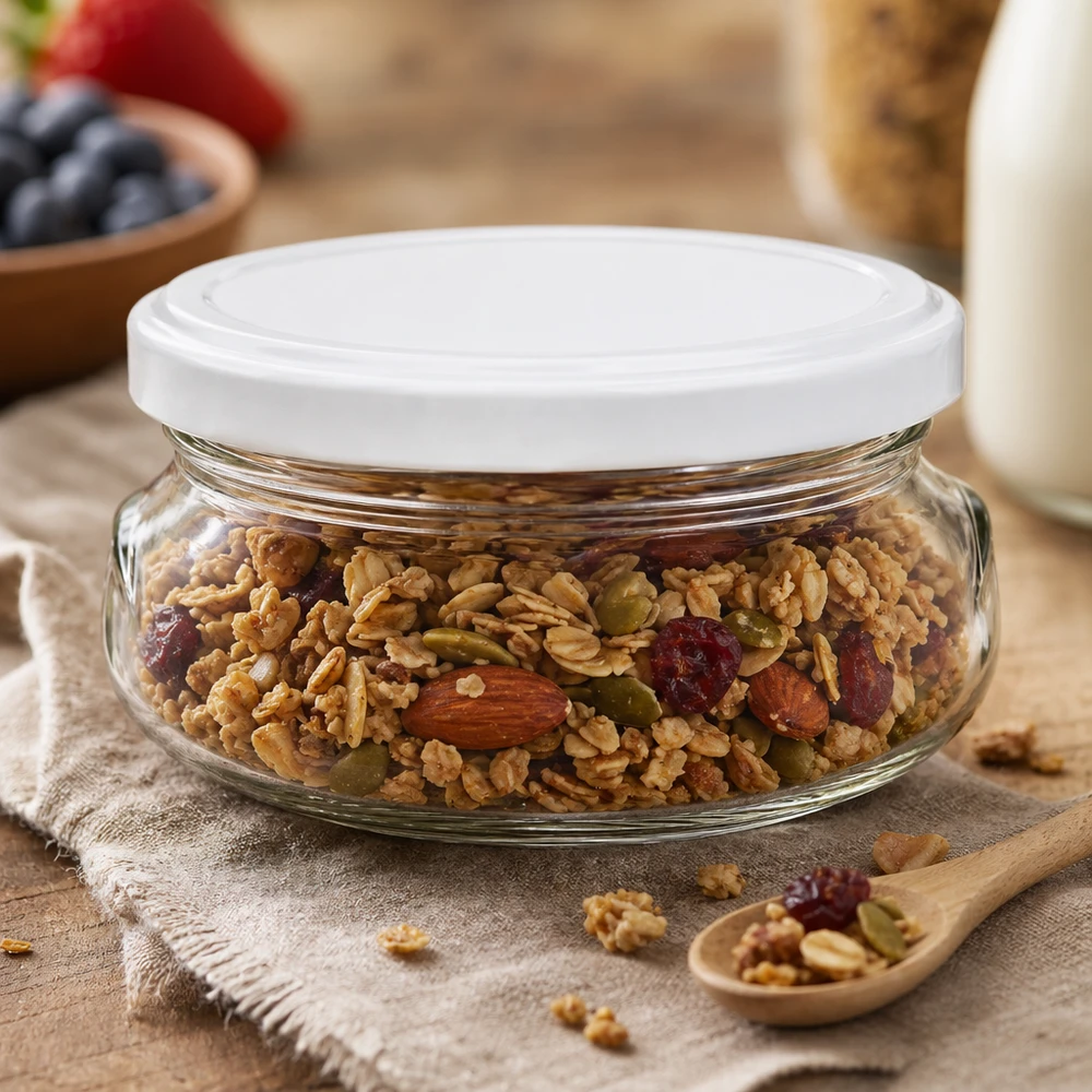 120ml zavařovací sklenice s víčkem BasicSeal bílá UNiTWIST 120ml Terrinenglas mit weißem Deckel gefüllt mit Nuss-Mix und Trockenfrüchten auf rustikalem Holzbrett mit Löffel