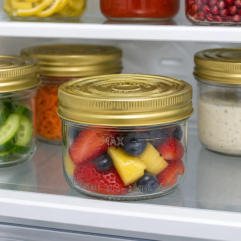 245ml Sturzglas "Familia Wiss" 2-teiliges Deckelsystem Le Pa 245ml Sturzglas Familia Wiss mit goldenem Deckel gefüllt mit Früchten im Kühlschrank stehend