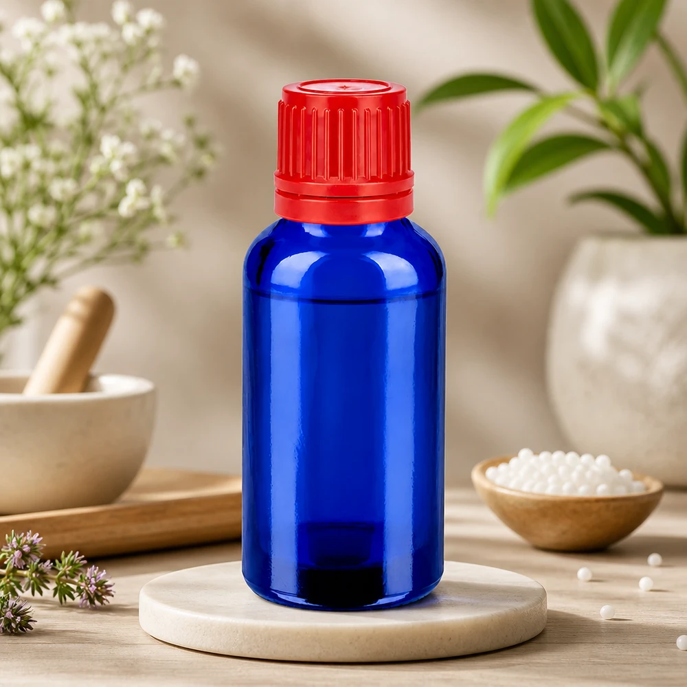 30ml láhev 11mm šroubovací uzávěr červený uzávěr s ochranou proti manipulaci BlueLine UT18/30 Robuste 30ml Mehrzweckflasche aus dickem Glas mit zuverlässigem Schraubverschluss