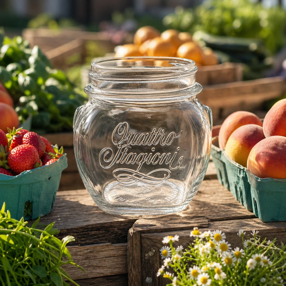 Kulatá sklenice 300ml "Quattro Stagioni" QS70mm 300ml Quattro Stagioni Haushaltsglas leer auf Holztisch mit frischen Erdbeeren und Pfirsichen in rustikaler Küche