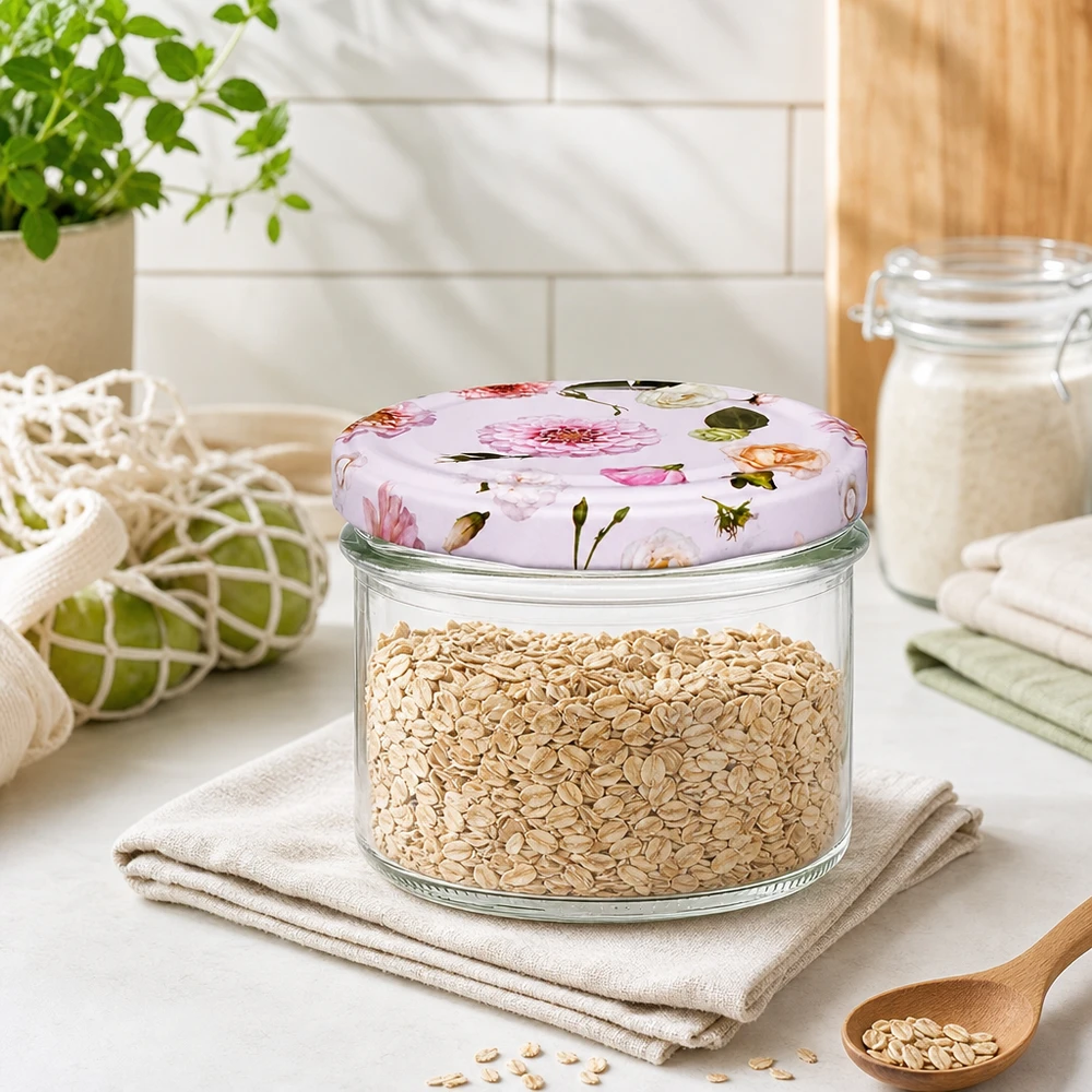 Haferflocken in 225ml Sturzglas mit rosa Blumendeckel - praktische Küchendeko für Müsli und Getreide Aufbewahrung