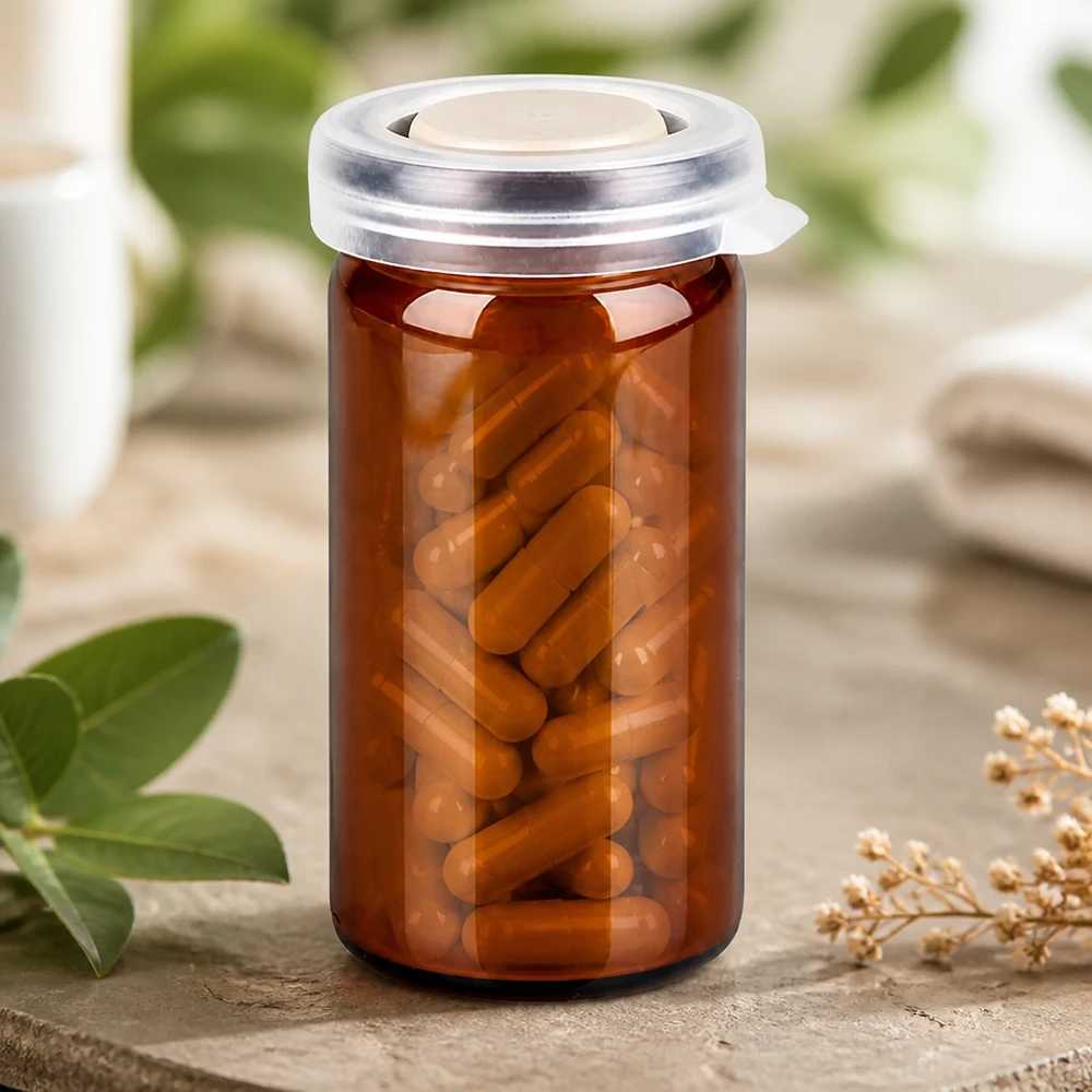 Hermetisch verschließbares Rollrandglas 10ml braun mit weißem Schnappdeckel für Kapseln