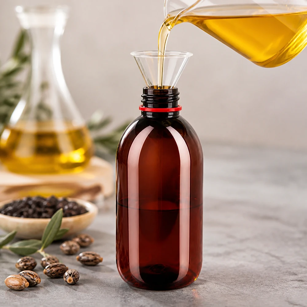 Hnědá plastová láhev o objemu 250 ml s červeným bezpečnostním uzávěrem při plnění žlutým olejem