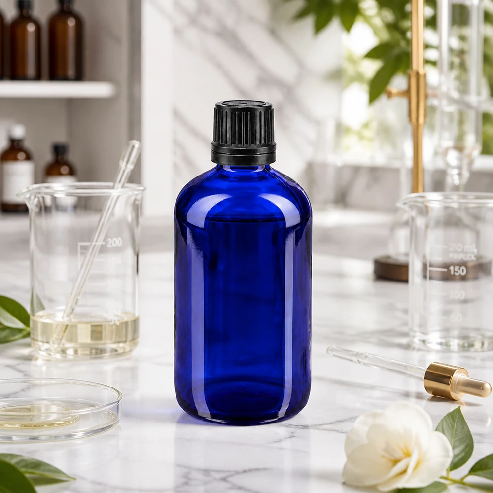 Lékárenská láhev modrá 100ml šroubovací uzávěr černý nalévací kroužek nedovolená manipulace s uzávěrem. Pharmazeutische 100ml Globalflasche in Kobaltblau mit OV-Verschluss schwarz Laborumgebung