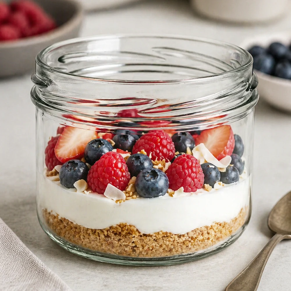 Sklenice o objemu 260 ml bez víčka (TO82) UNiTWIST UNiTWIST Sturz260 Rundglas 260ml TO82 mit Joghurt Beeren Müsli gefüllt als Dessert im Glas Produktbild
