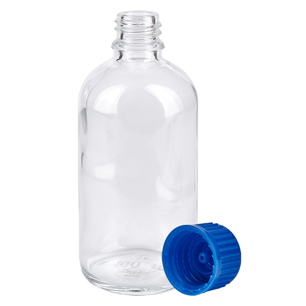 100ml láhev 11mm šroubovací uzávěr modrý Standard ClearLine UT18/100 ClearLine Flasche 100ml UT18 schmaler Flaschenhals blauer Verschluss weisser Hintergrund