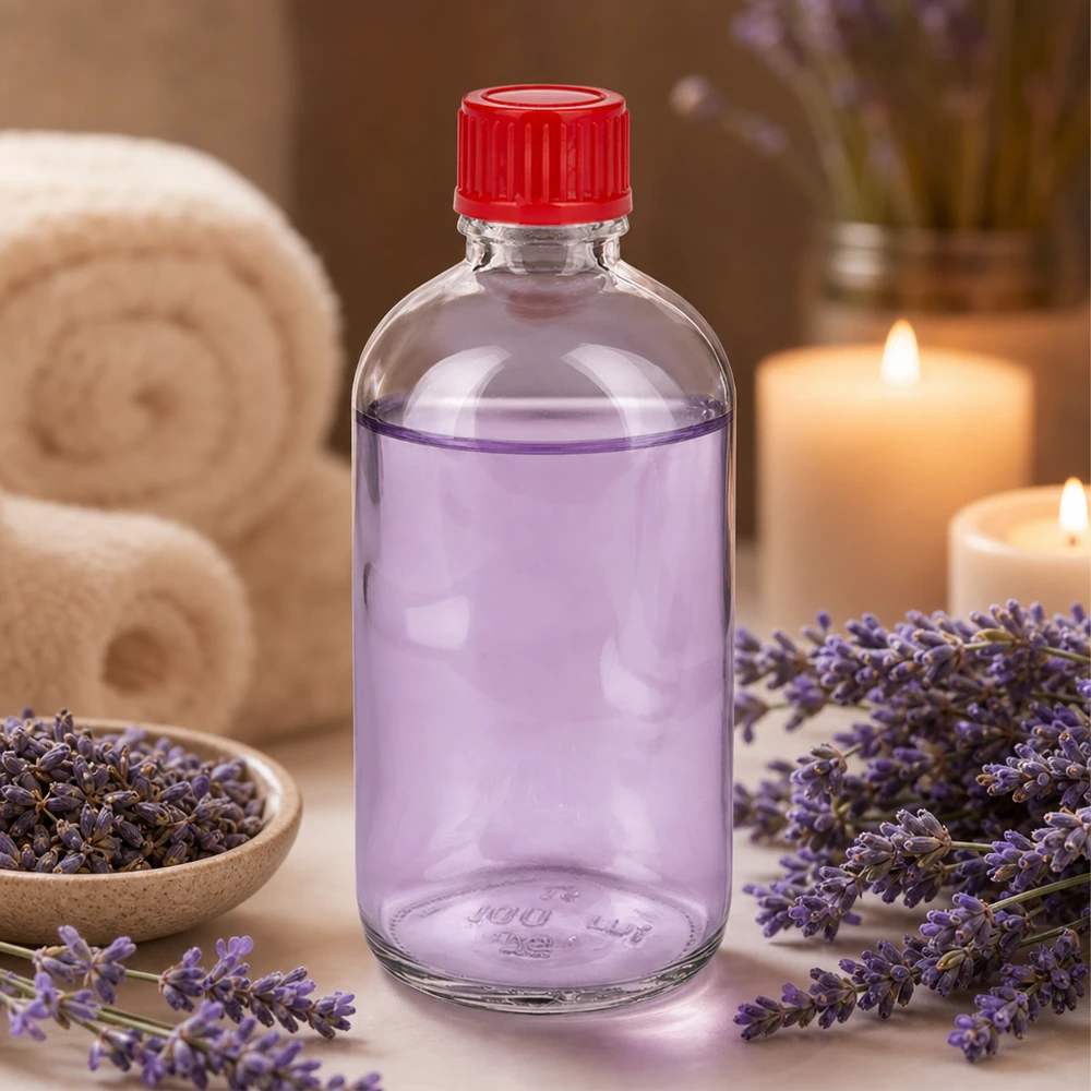100ml láhev 11mm šroubovací uzávěr červená Standard ClearLine UT18/100 100ml Glasflasche UT18/100 roter Kunststoffverschluss 11mm SV gefüllt mit lila ätherischem Öl Lavendel
