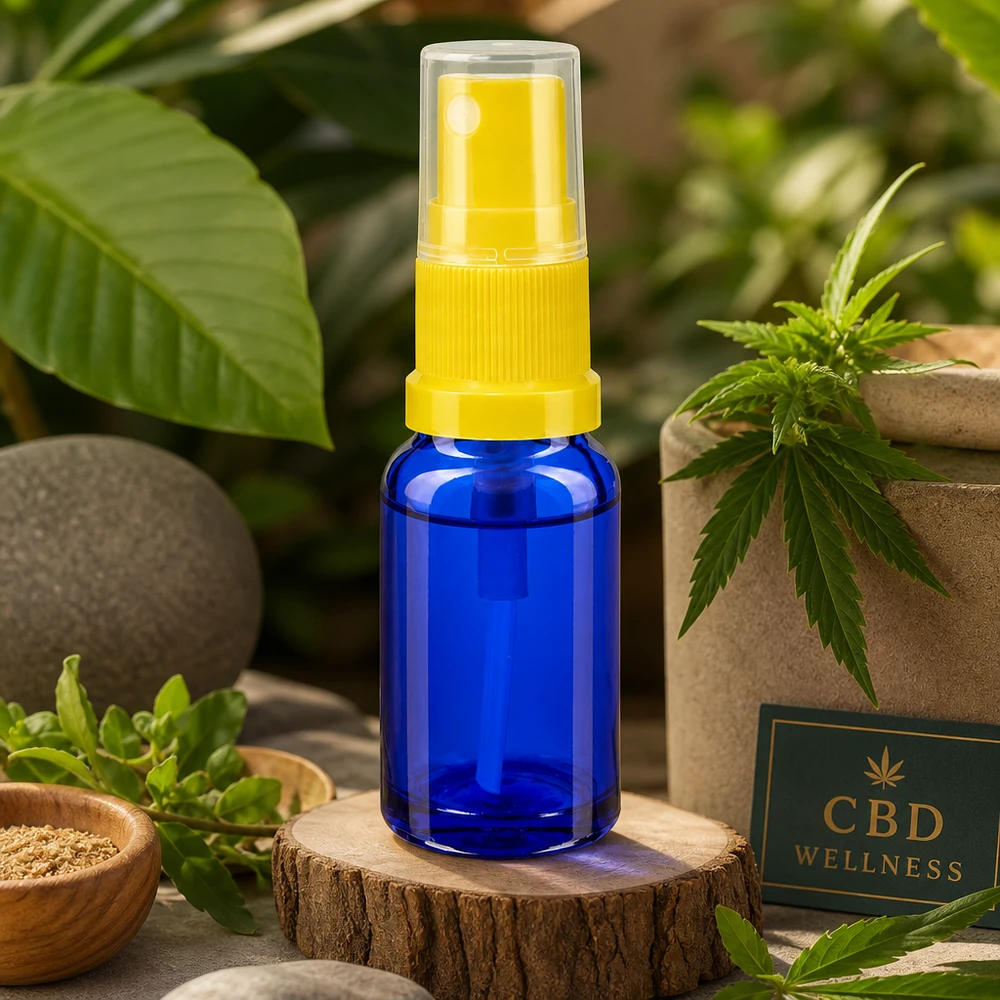 Blaue Glassprayflasche 30ml mit gelbem Dosierkopf für ätherische Öle und CBD Produkte